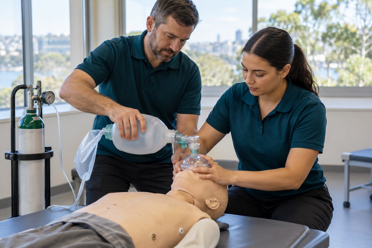 Trainees practising bag-valve-mask resuscitation on a mannequin