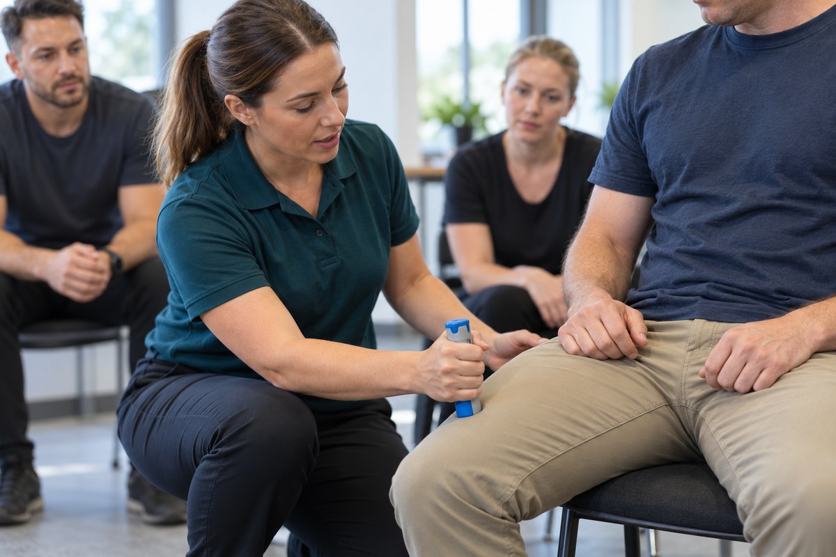 An instructor demonstrating an autoinjector training device