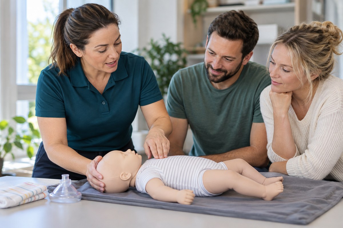 Parents learning infant first aid using a training mannequin