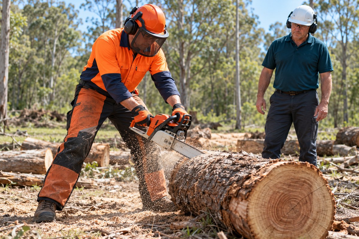 A supervised trainee using a chainsaw to cut a felled tree