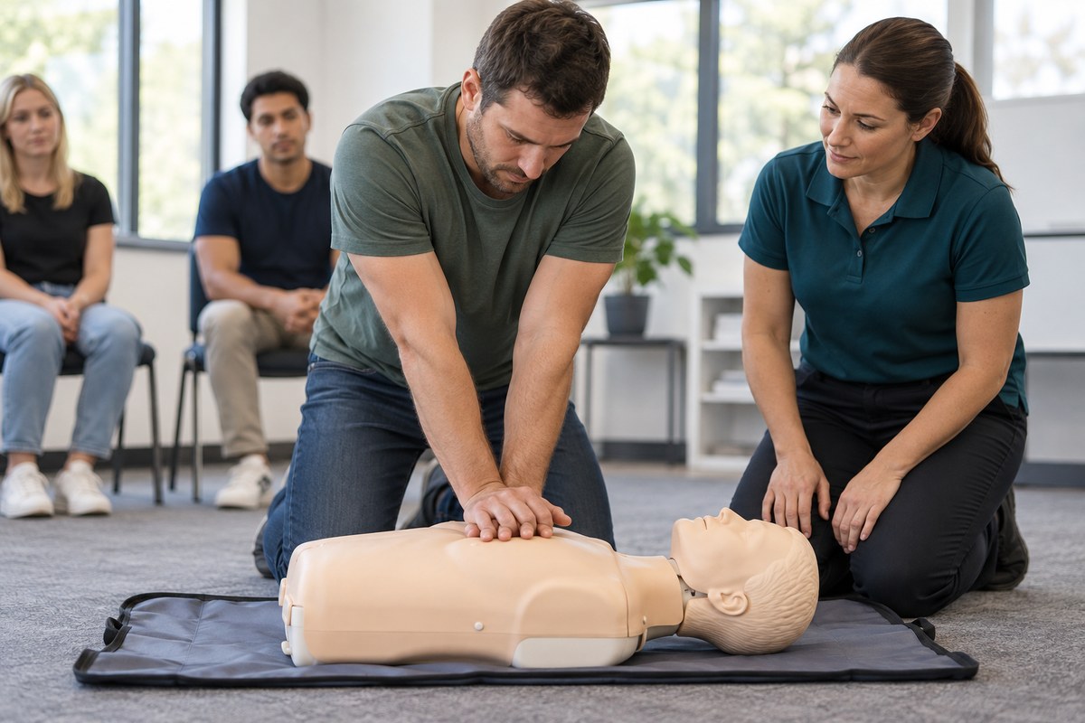 A trainee practising chest compressions on an adult CPR mannequin