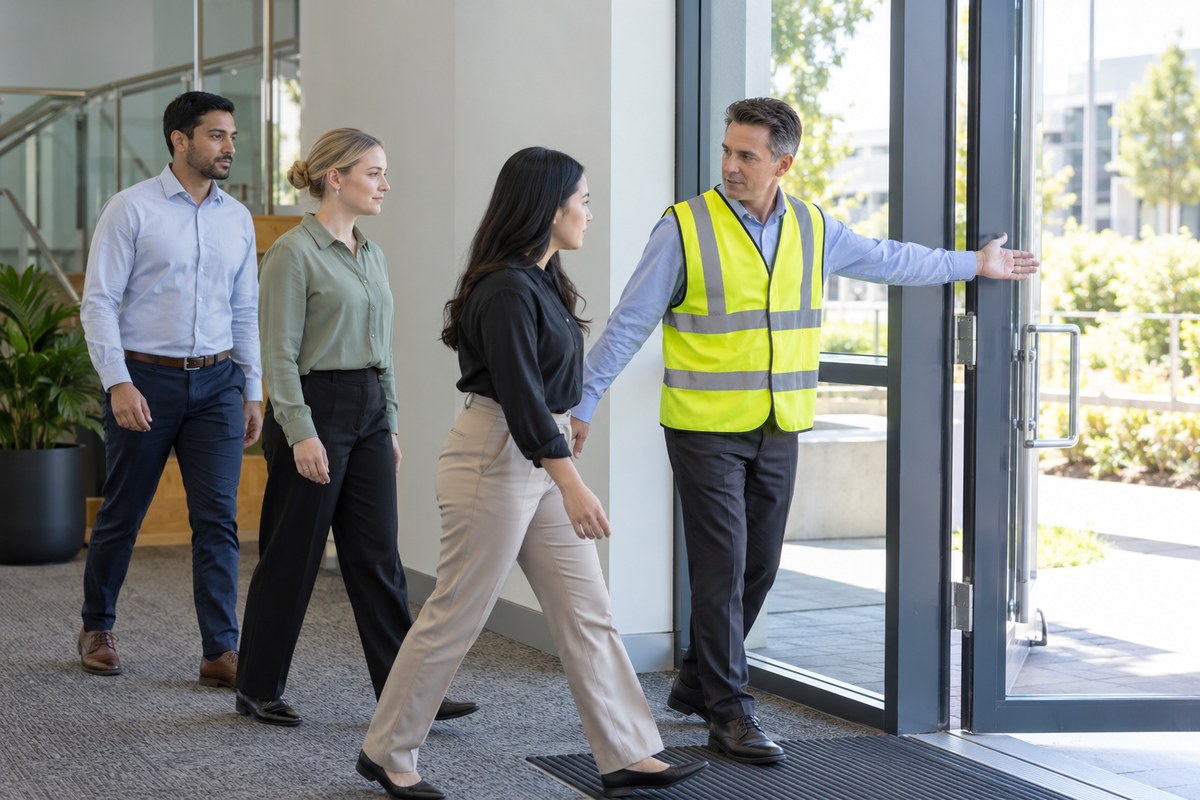 A fire warden guiding staff during an evacuation drill