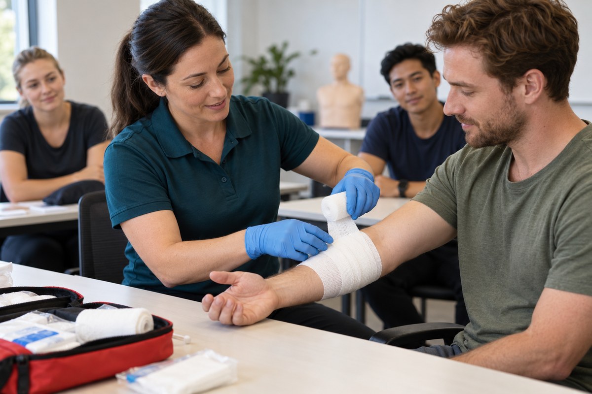 A first aid trainer bandaging an adult volunteer’s forearm