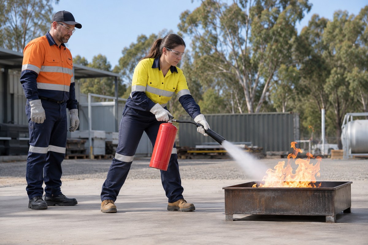 A supervised trainee using an extinguisher on a controlled training fire