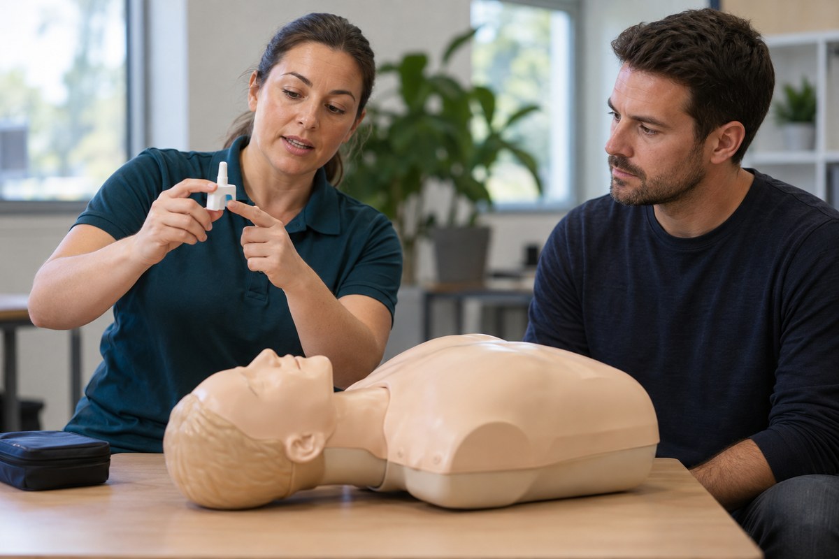 A trainer demonstrating an intranasal spray training device