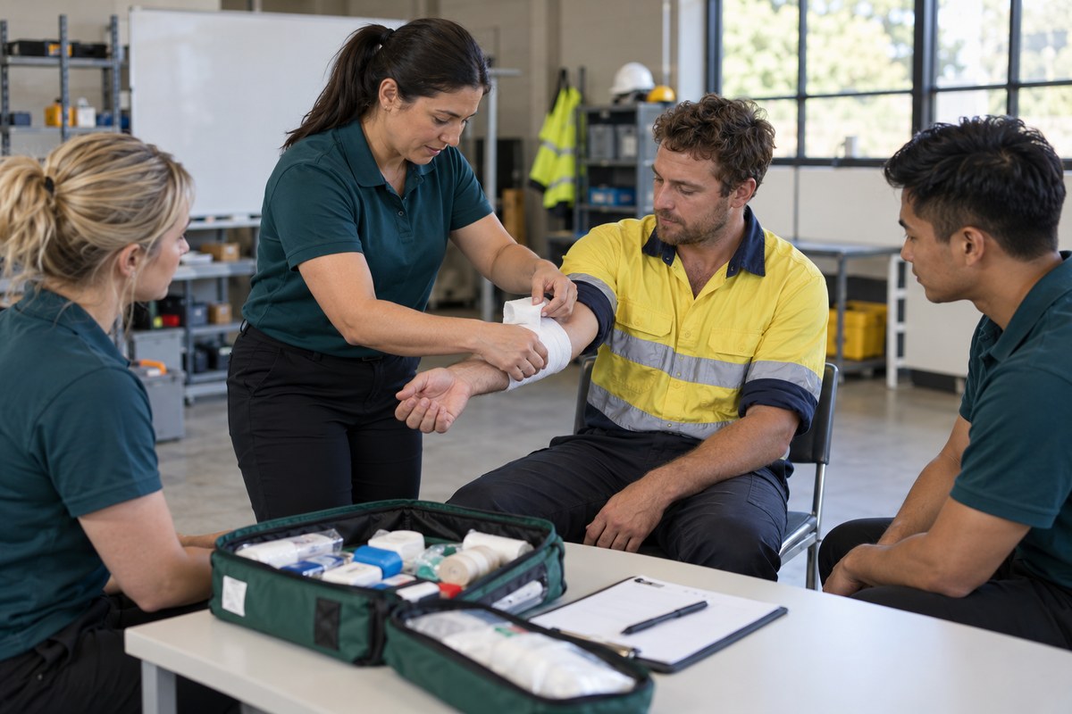 Workplace first aid training with a first aid kit and assessment checklist