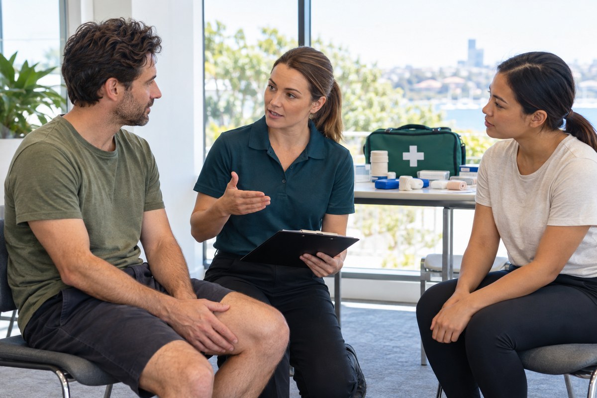 A trainer discussing pain assessment with a volunteer