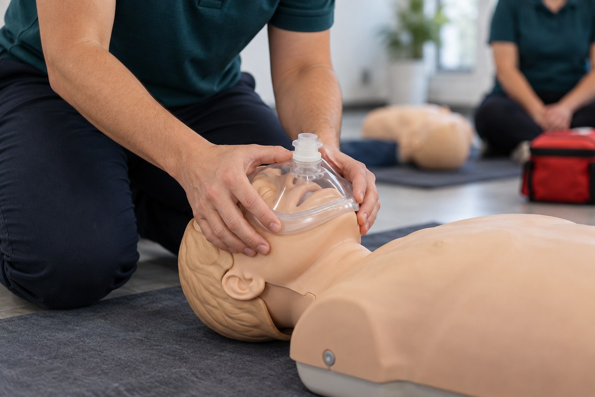 A trainer demonstrating a resuscitation pocket mask on a mannequin