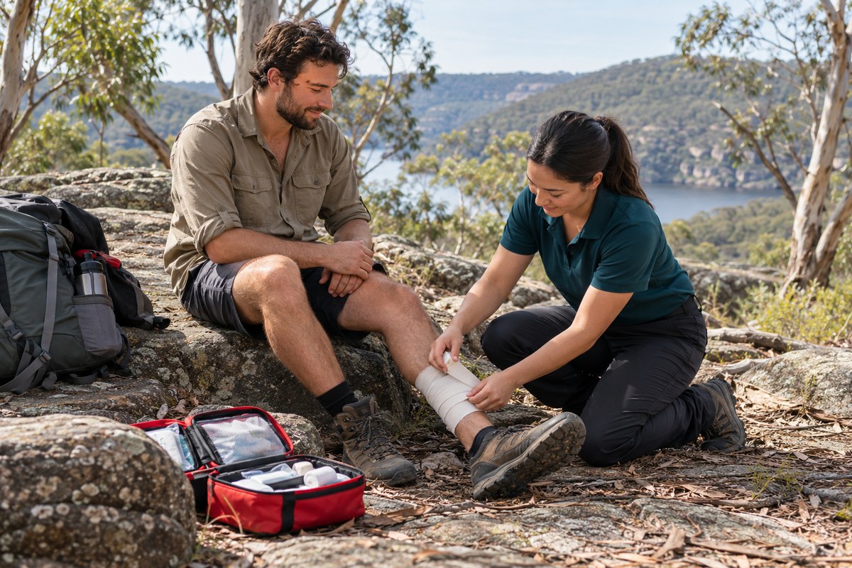 An instructor practising first aid with a volunteer outdoors
