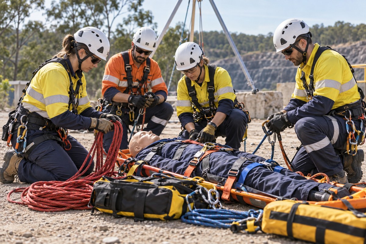 A rescue team preparing equipment for a training exercise