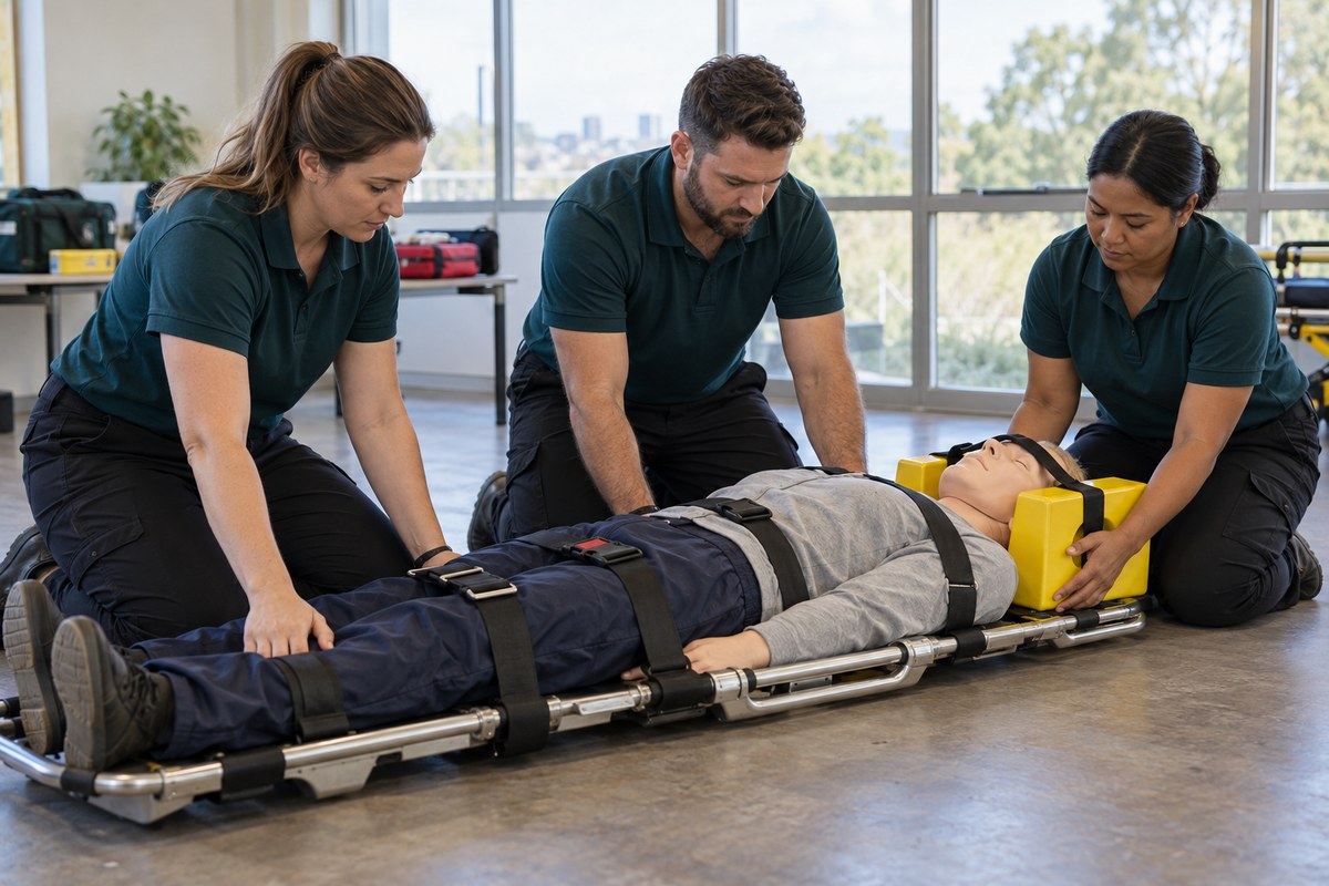 Rescue trainees practising spinal care with a mannequin and stretcher