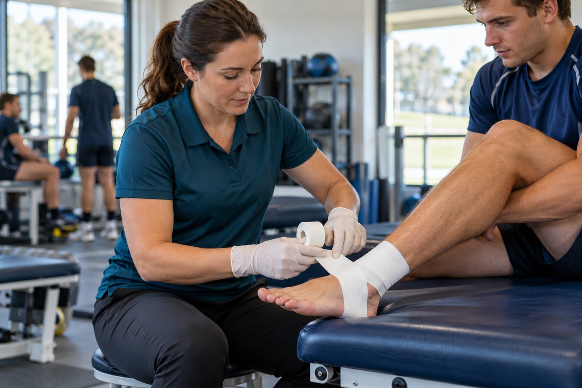 A trainer applying sports tape to an athlete’s ankle