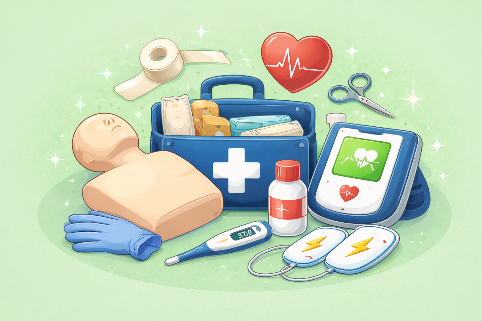 CPR training mannequin, defibrillator and first aid equipment